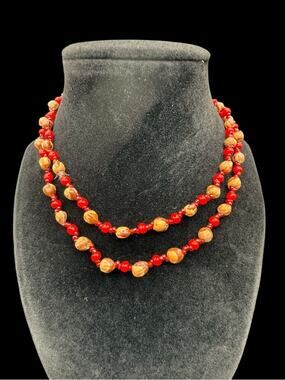 NWT Red and Gold Beaded Opera Length Necklace